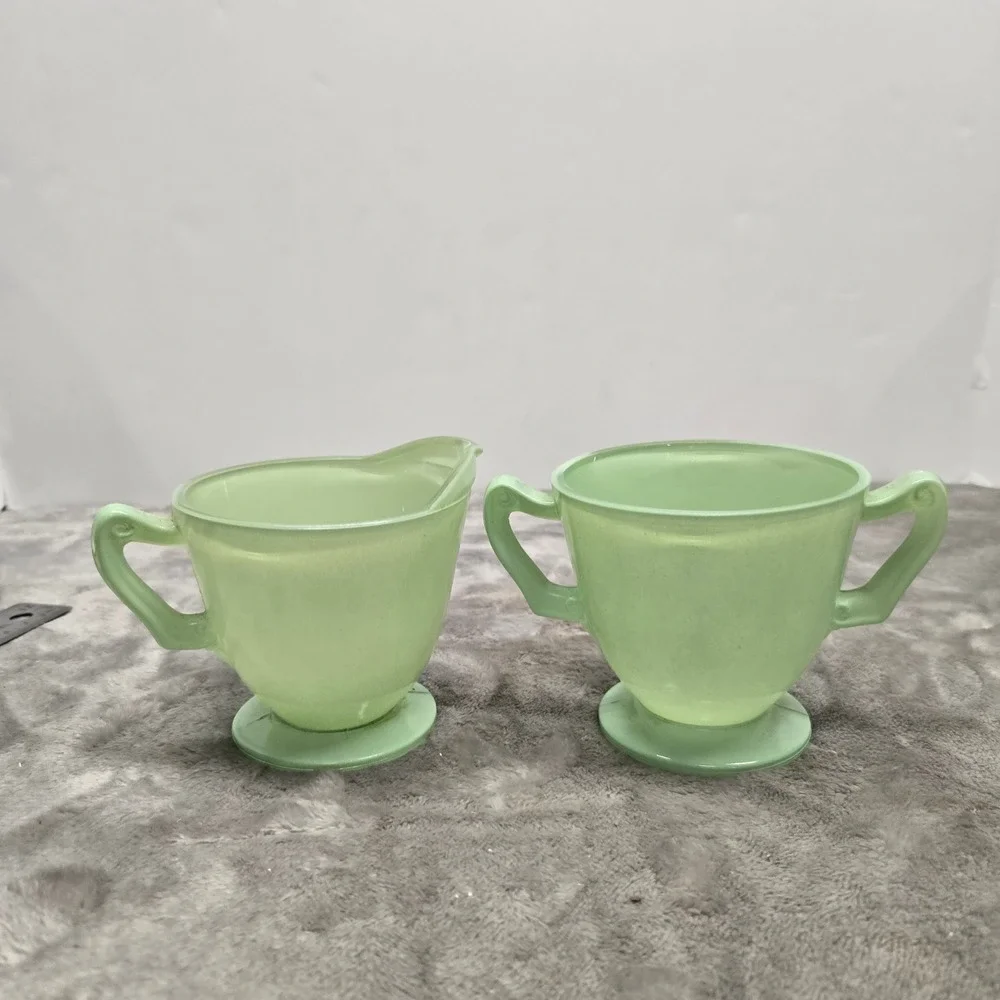 Vintage Jadeite Glass Creamer and Sugar Bowl Set Green Starburst Base 2 Piece